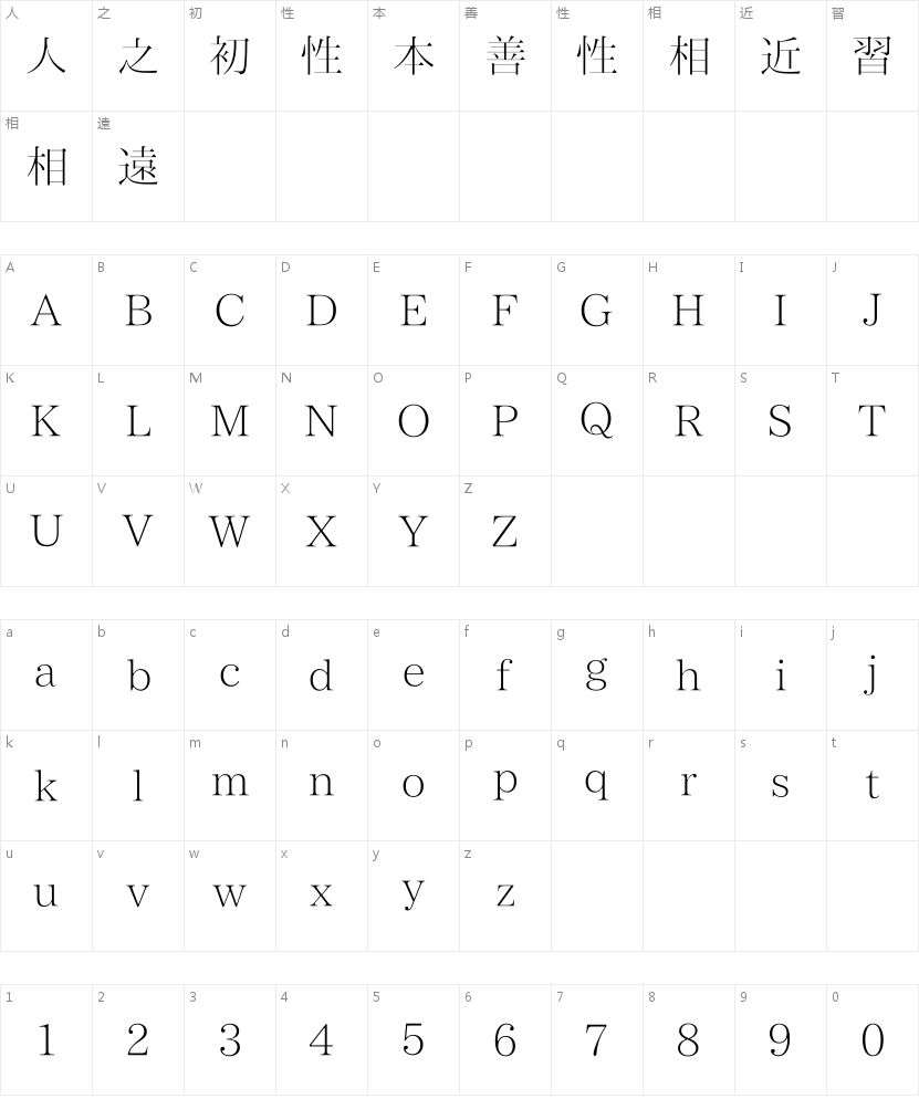 晴空明朝 Light字符映射图