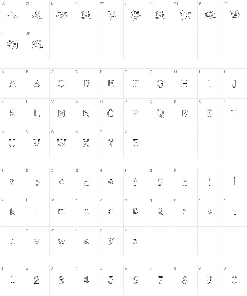 金梅毛隶字形空心字符映射图