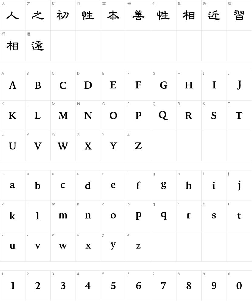中国龙中隶书字符映射图