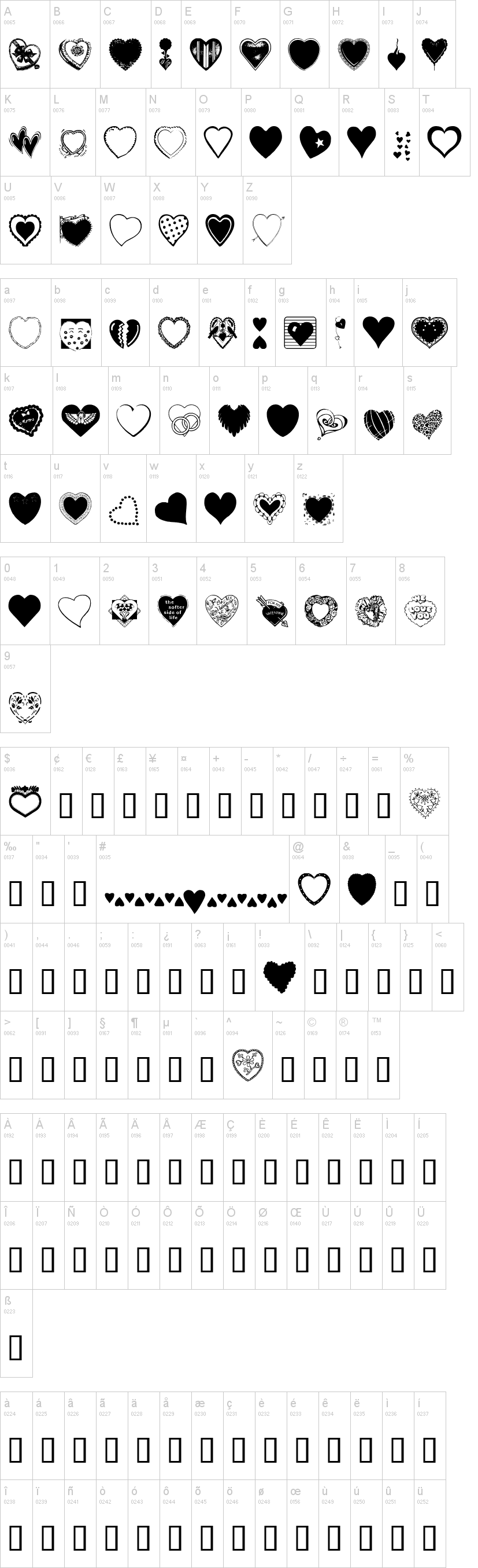 Hearts Galore字符映射图