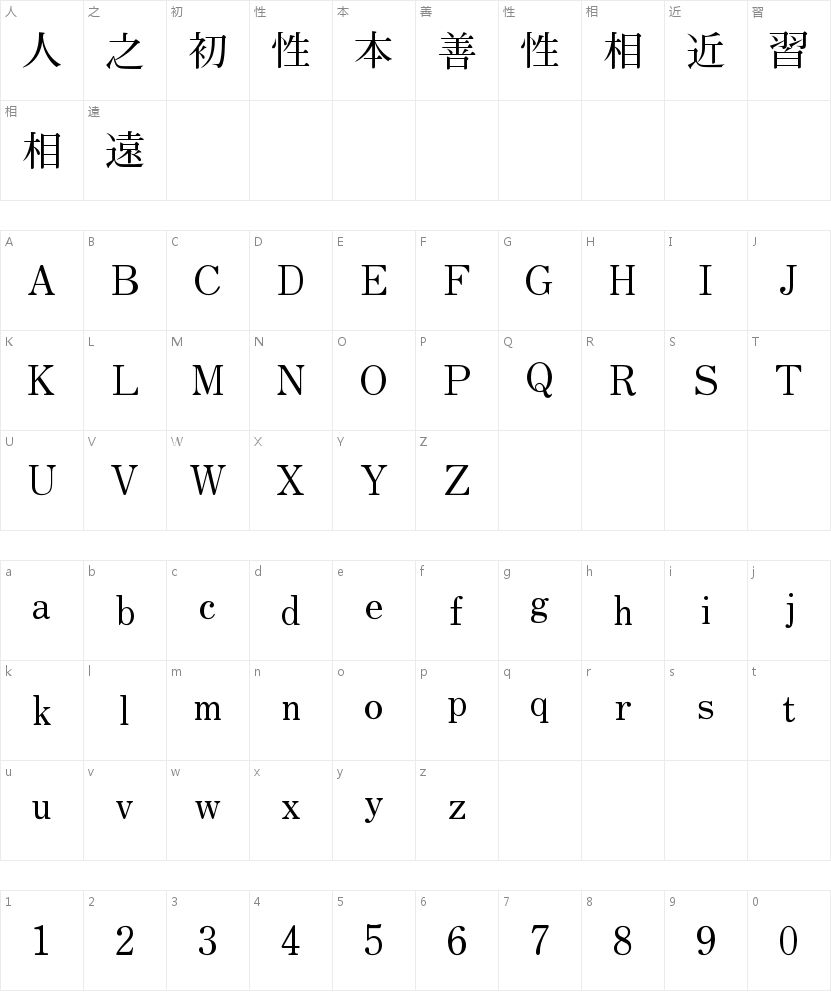 A-OTF 太ミンA101 Pro Bold字符映射图