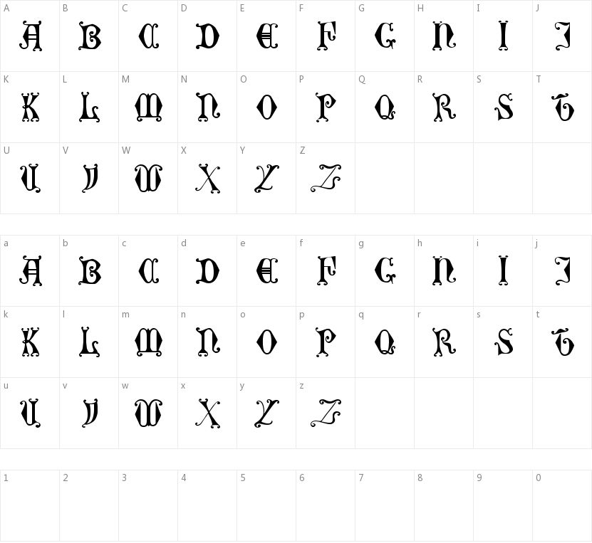 Curled Serif字符映射图