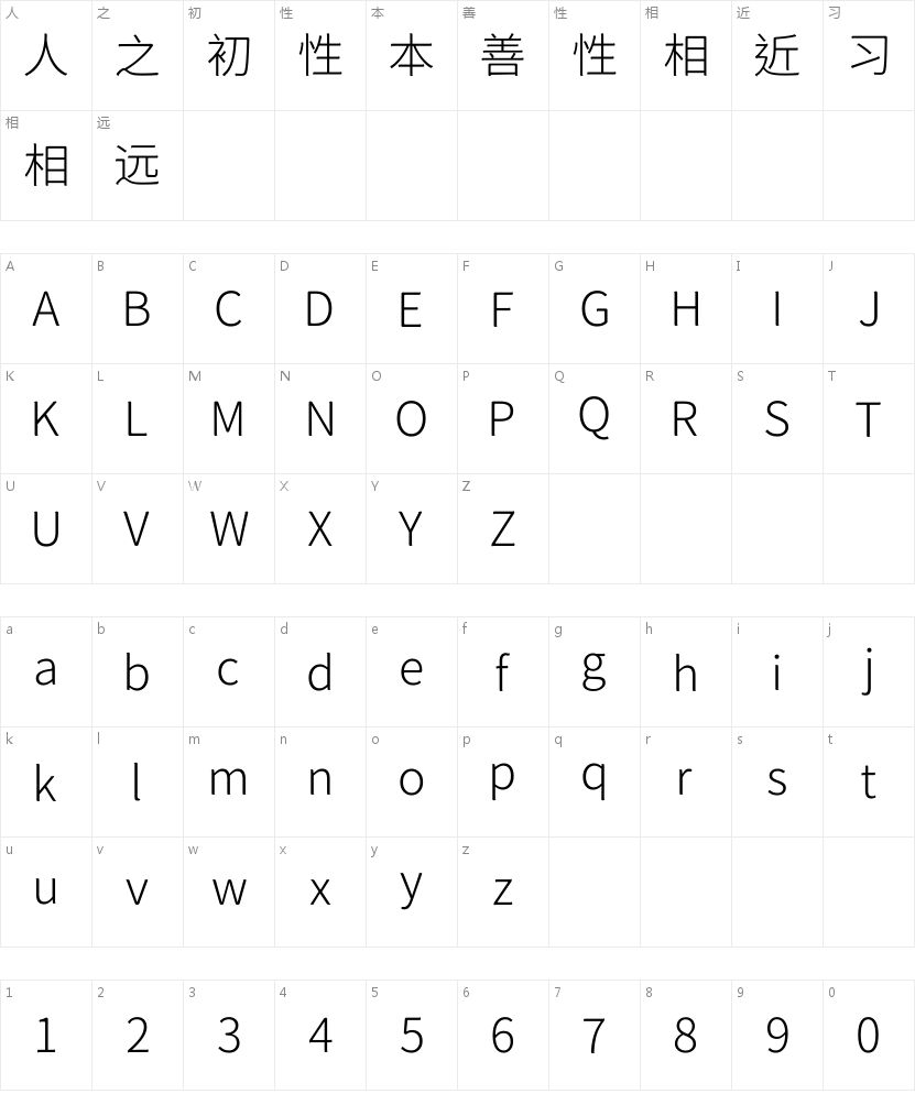 狮尾咏腿黑体 CJK TC Light字符映射图