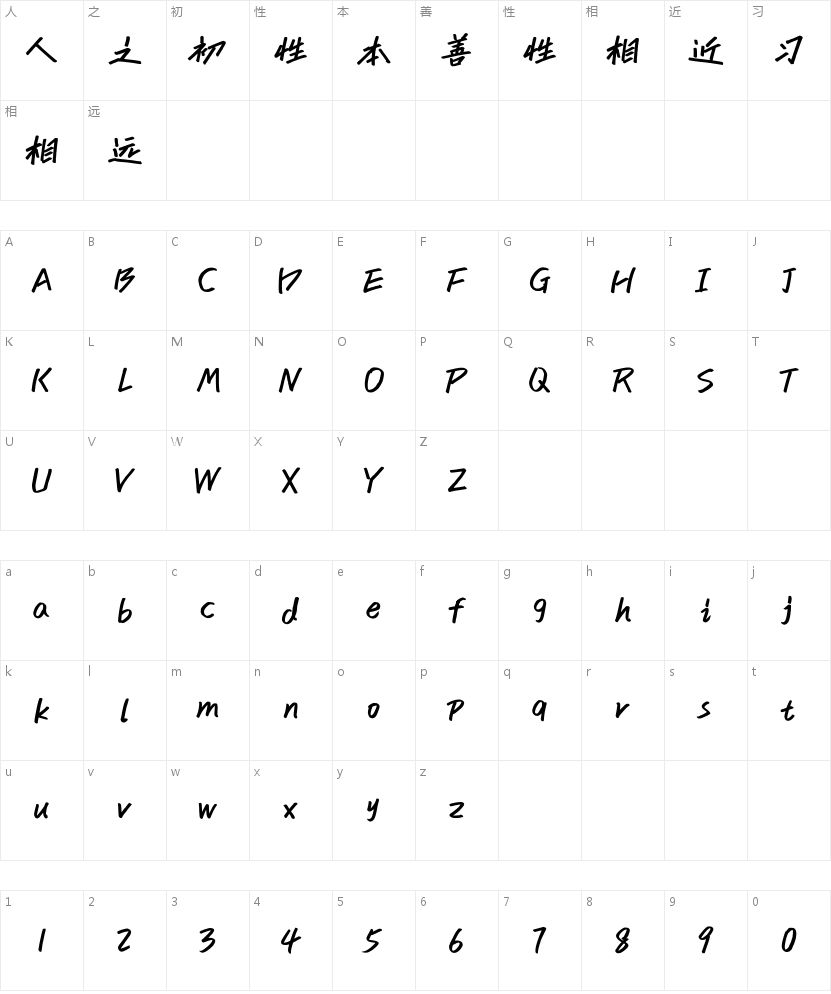 Aa追风手迹字符映射图