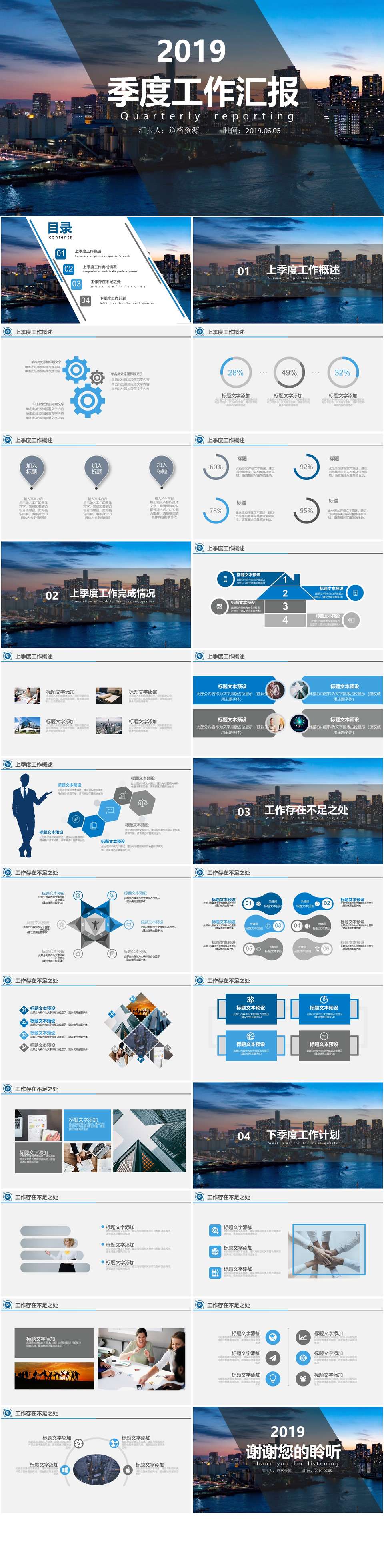 2019蓝色简约大气季度工作汇报报告通用PPT模板