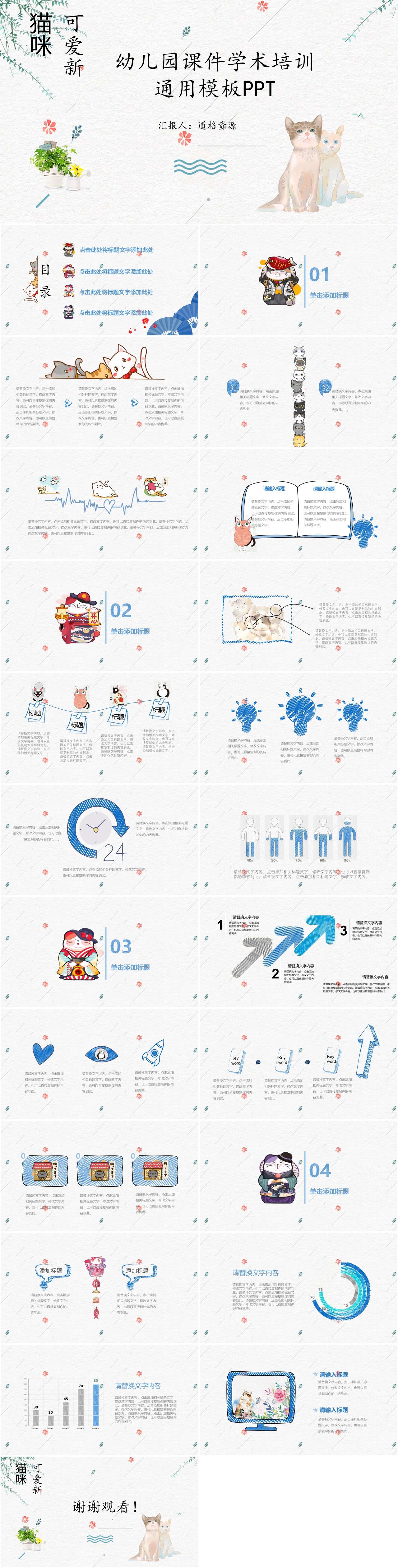 猫咪小清新幼儿教学机构培训课件PPT模板（2）