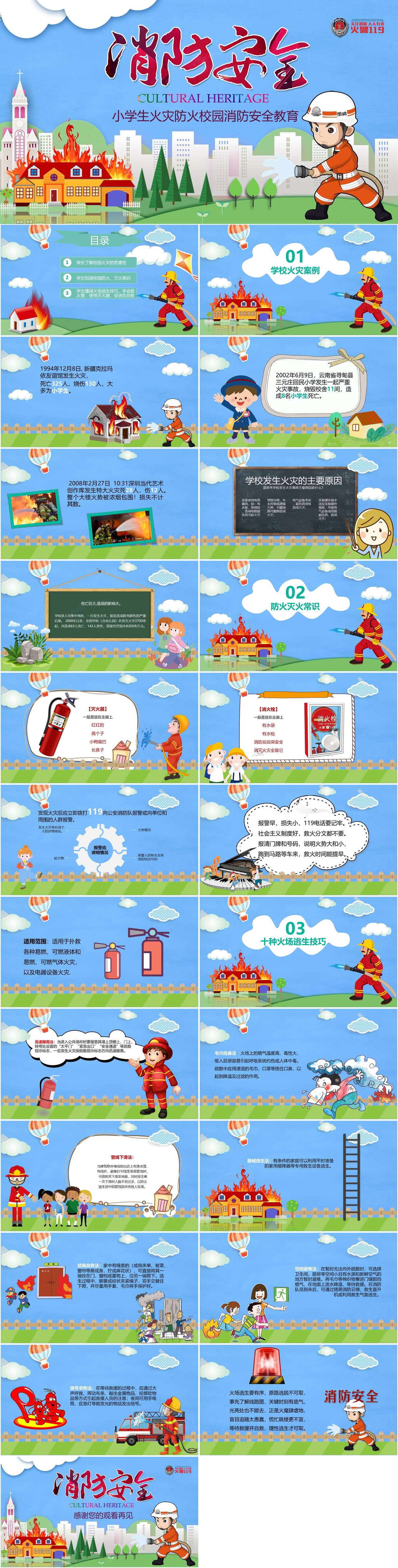 卡通风小学生校园消防安全教育主题班会课件PPT模板（2）