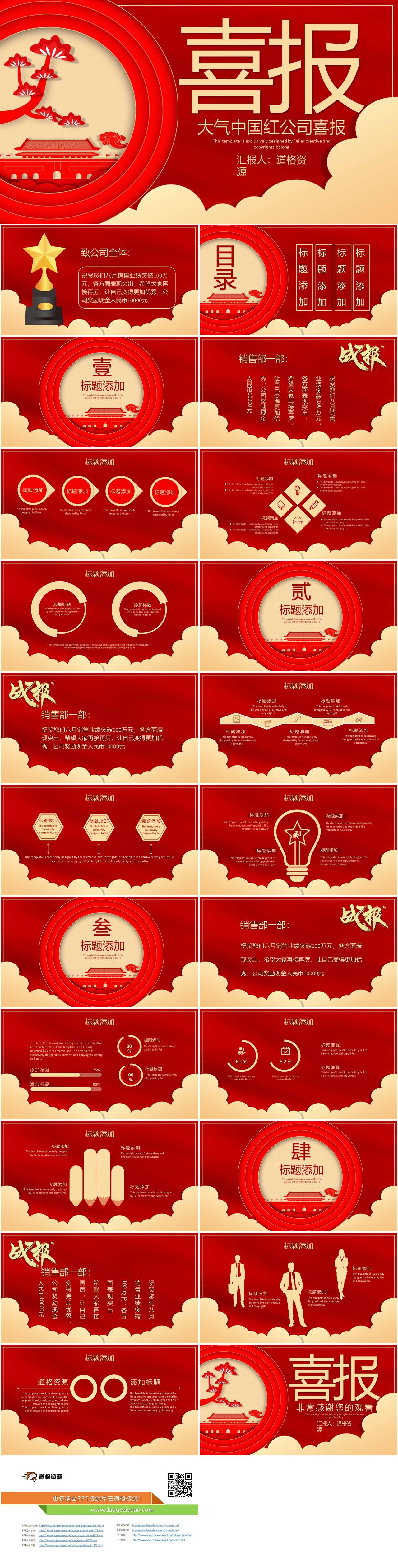 中国红喜庆中国风复古风喜报通用PPT模版（2）