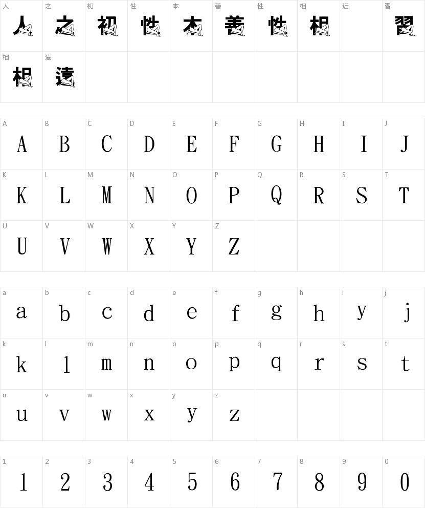 金梅特黑蹲腿字形字符映射图