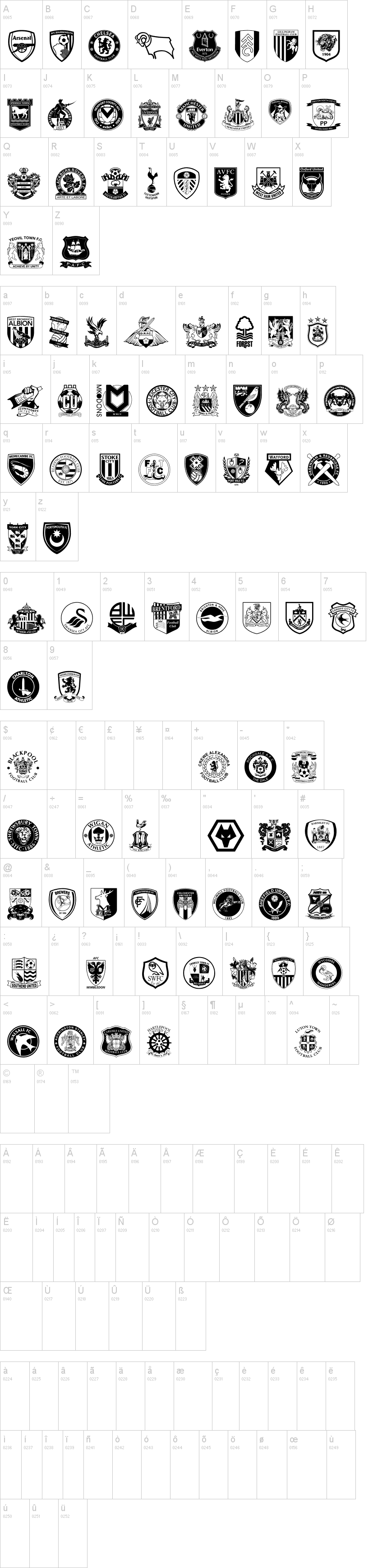 English Football Club Badges字符映射图