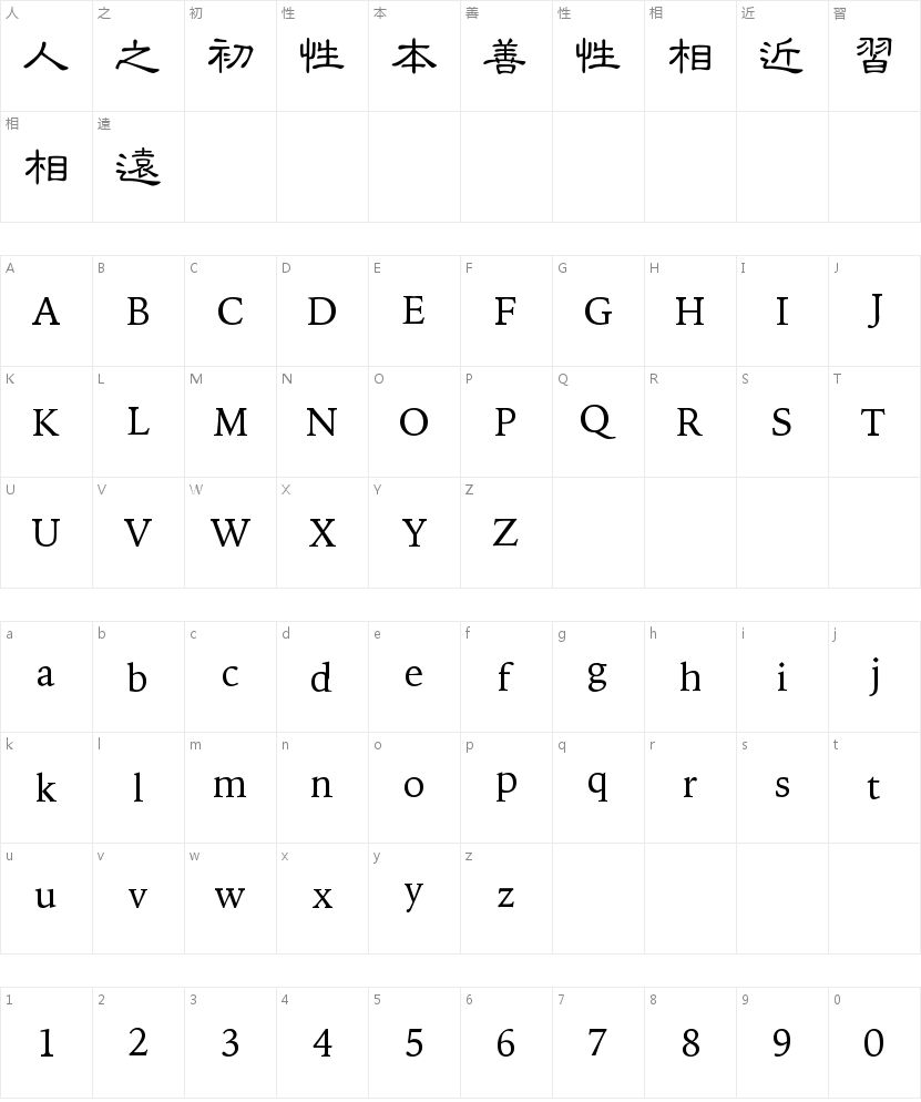 中国龙细隶书字符映射图