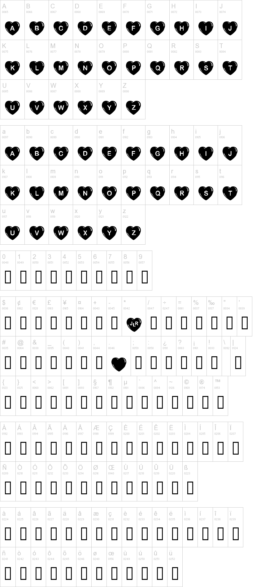 JLR Simple Hearts字符映射图