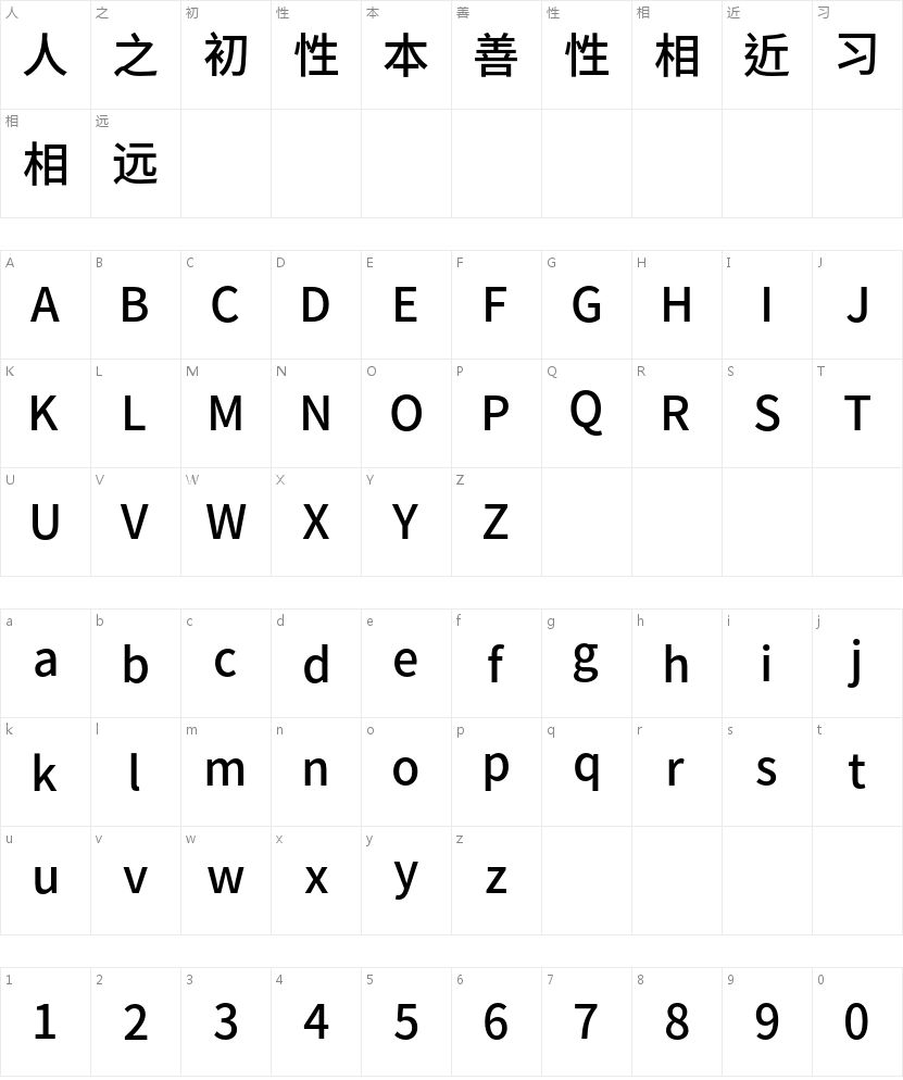 思源黑体TC-Medium字符映射图