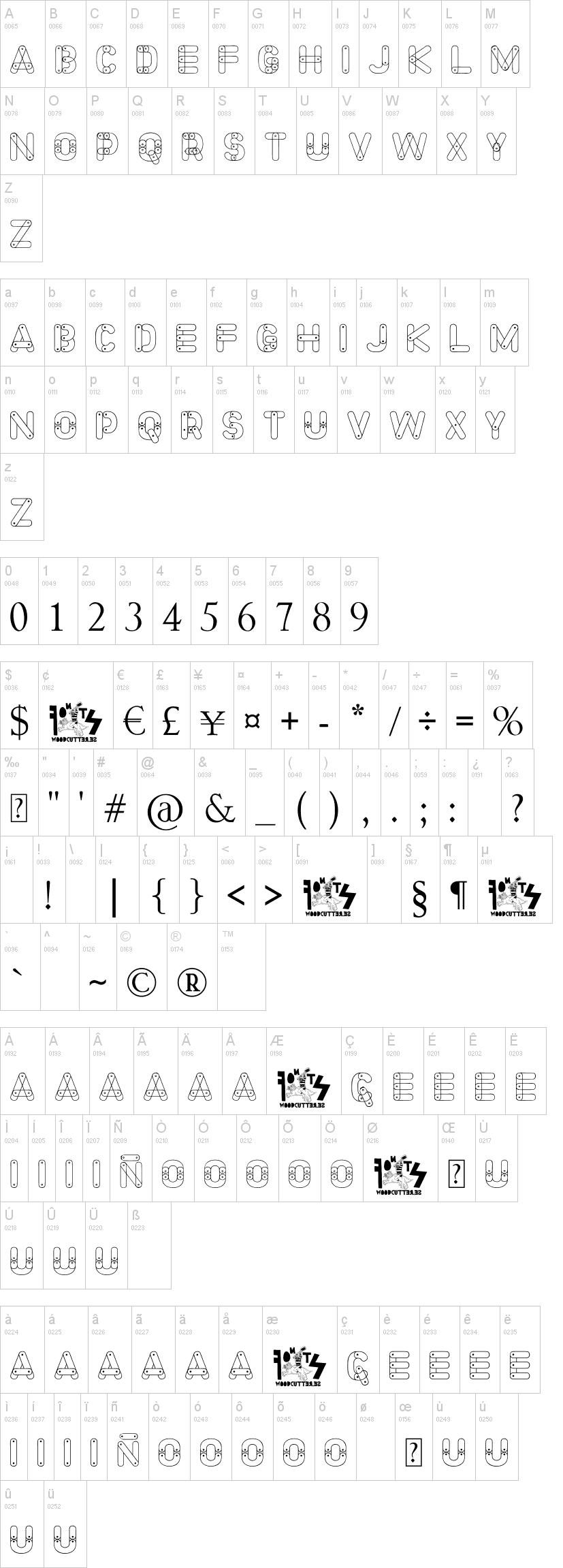 Meccano Font字符映射图