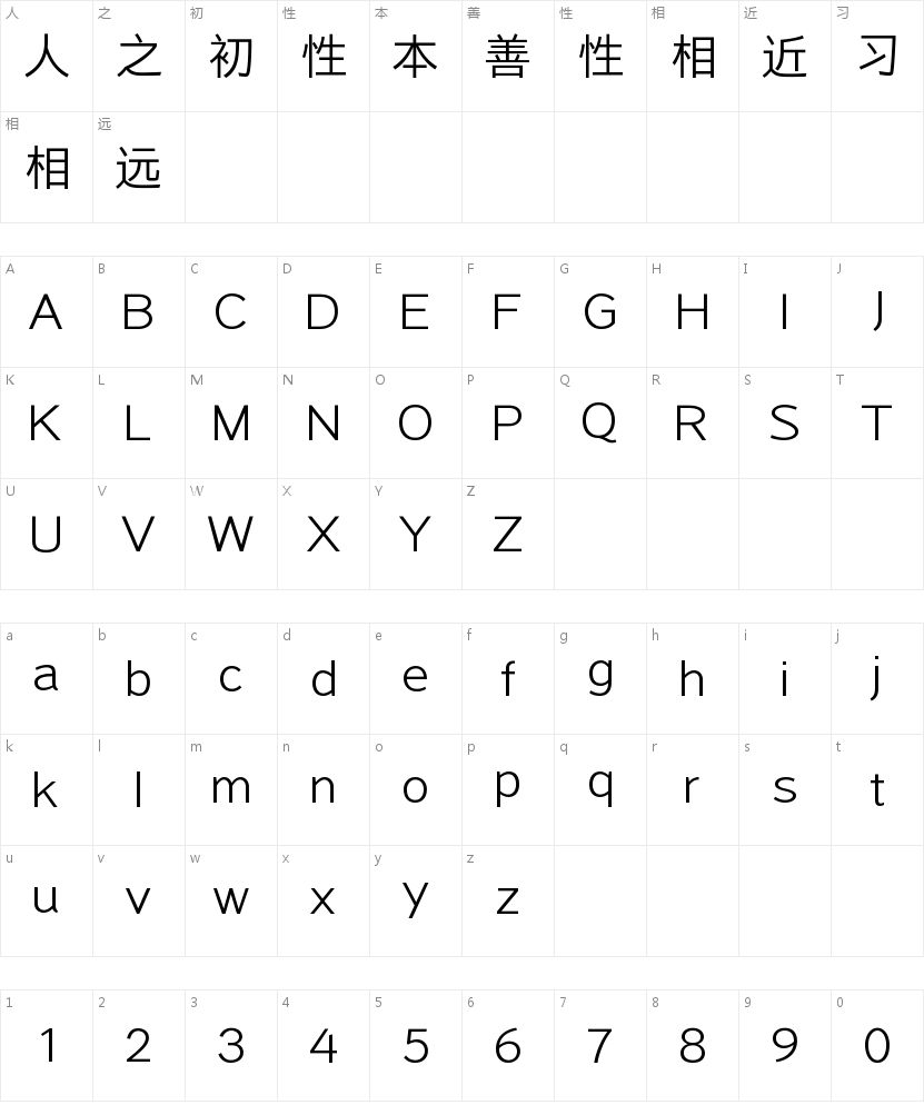 奇思细黑体字符映射图