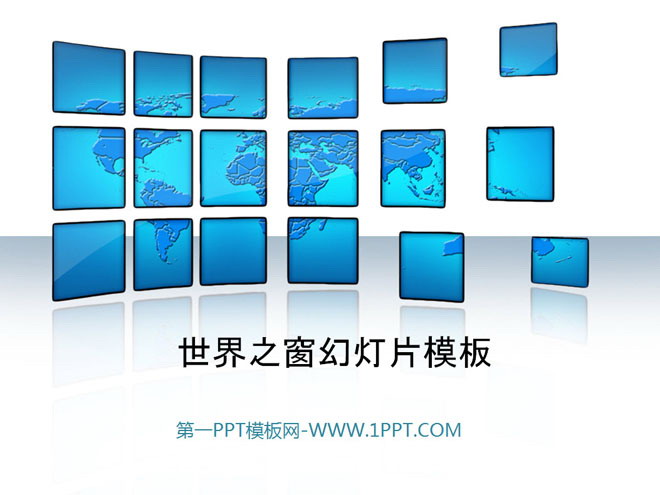 Blue world map background window of the world PPT template download