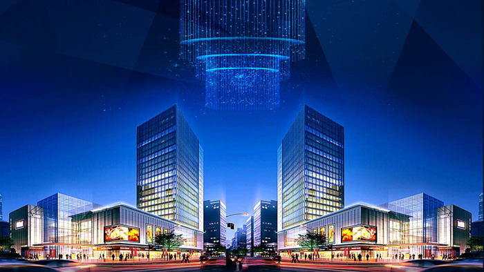 藍色商業建築效果圖PPT背景圖片