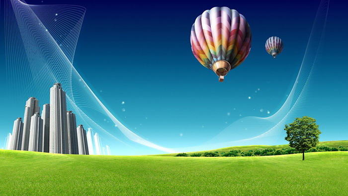 草地熱氣球PPT背景圖片