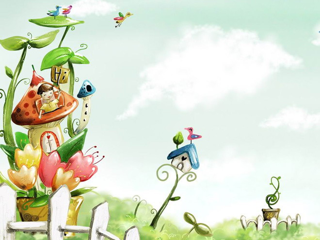 蘑菇房子卡通PPT背景圖片