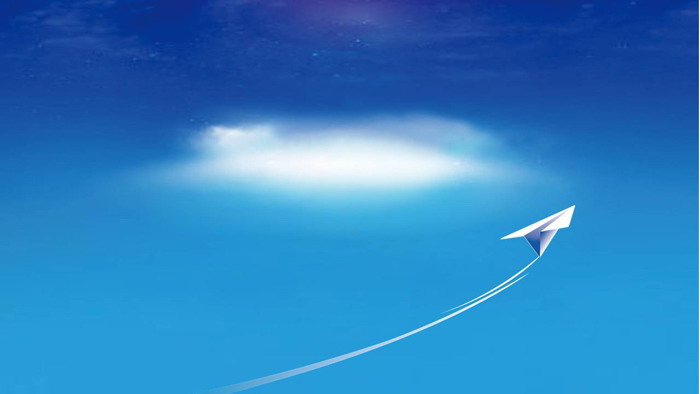 Four blue sky and white clouds paper airplane PPT background pictures