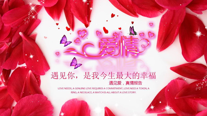 主题的,爱情相册ppt模板,共26张;幻灯片模板封面,使用了玫瑰花瓣作为