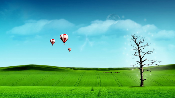 藍天白雲草地熱氣球PPT背景圖片