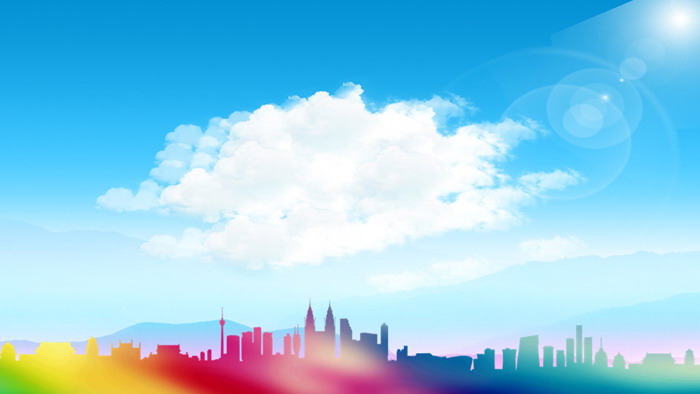 Blue sky and white clouds color city silhouette PPT background picture