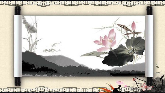 Five scroll ink Chinese style classical PPT background pictures