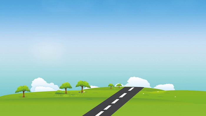 Cartoon blue sky white clouds grass road PPT background picture