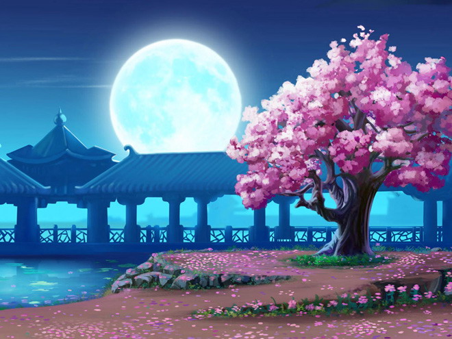 Round moon and brilliant cherry blossoms PPT background picture