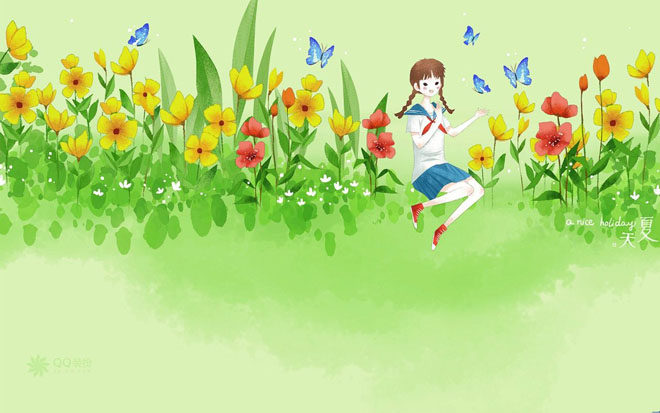 Girl playing with butterflies in summer flowers PPT background picture