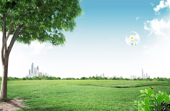Lawn trees city buildings PPT background picture