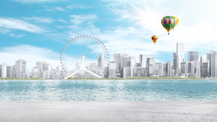 城市摩天輪熱氣球PPT背景圖片