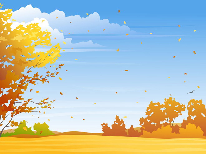 黃藍色卡通天空樹木PPT背景圖片