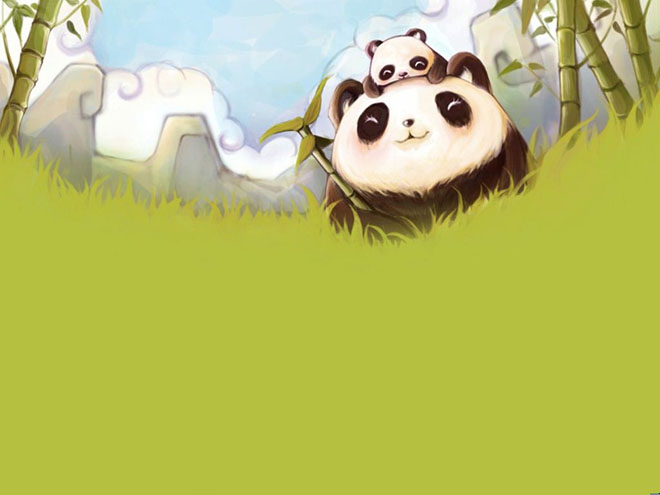 綠色竹林裡的大熊貓和小熊貓PPT背景圖片