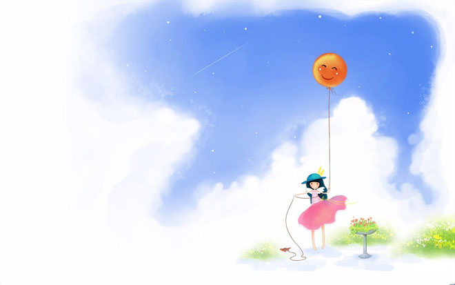 A girl with a balloon under the blue sky and white clouds PPT background picture