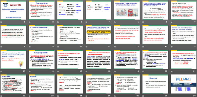 《In England,you usually drink tea with milk》Way of life PPT课件
（2）