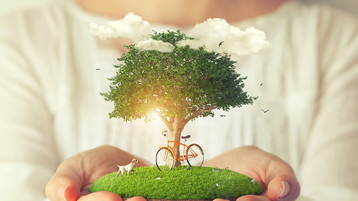 Green tree puppy bicycle environmental protection theme PPT background picture