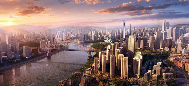 國外高樓聳立的現代化城市與橋樑PPT背景圖片