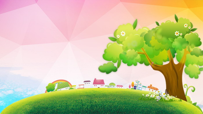 Four cute cartoon green trees and grass PPT background pictures