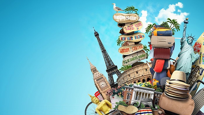 World famous tourist attractions puzzle PPT background picture
