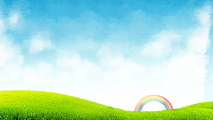 Blue sky, white clouds, grass, rainbow PPT background picture