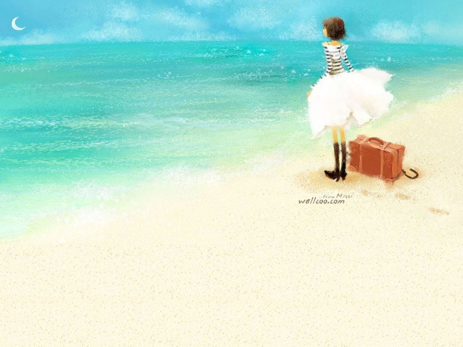 Girl on the beach by the sea PPT background picture