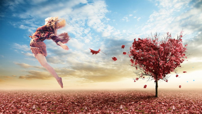 Beautiful girl falling leaves PPT background picture