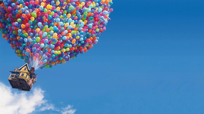 Blue sky and white clouds balloon flying around the house PPT background picture