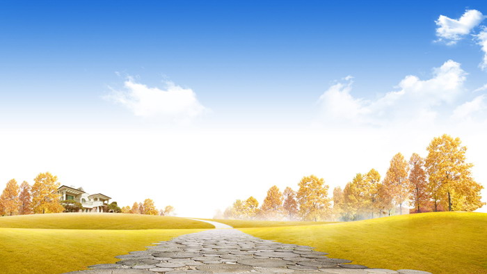 Blue sky white clouds golden woods PPT background picture