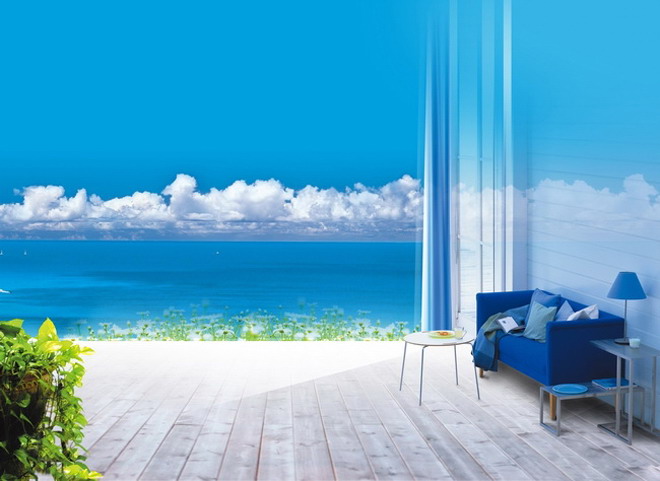 藍天白雲下海岸上的家居PPT背景圖片
