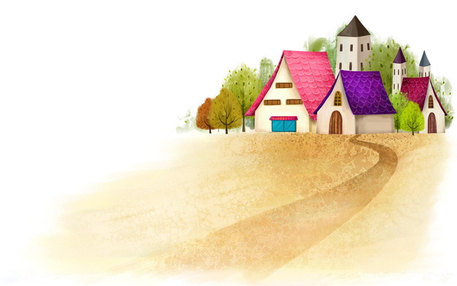 紅瓦綠樹的房子卡通PPT背景圖片