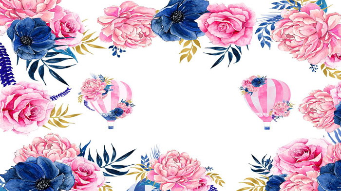 藍粉搭配的藝術花卉PPT背景圖片