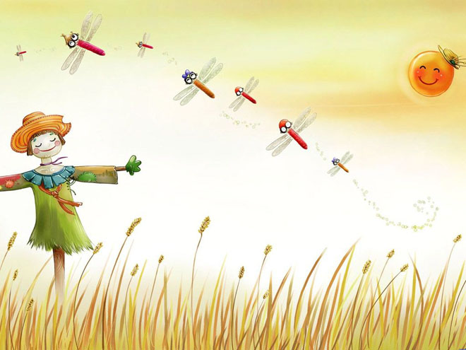 Scarecrow cartoon watching dragonflies in the wheat field PPT background picture